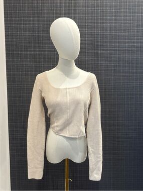 House of Harlow 1960 Beige Waffle-Knit Scoop Neck Long Sleeve Top